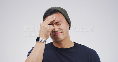 Buy stock photo Sick, headache and man in studio with stress, brain fog and vertigo on white background with space. Migraine, tired person and pain for mental health crisis, burnout or frustrated with mistake