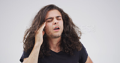 Buy stock photo Stress, hurt or man with headache in studio with pain, burnout space or creative block. Frustrated, loss or upset male designer with migraine on white background with discomfort, dizziness or crisis