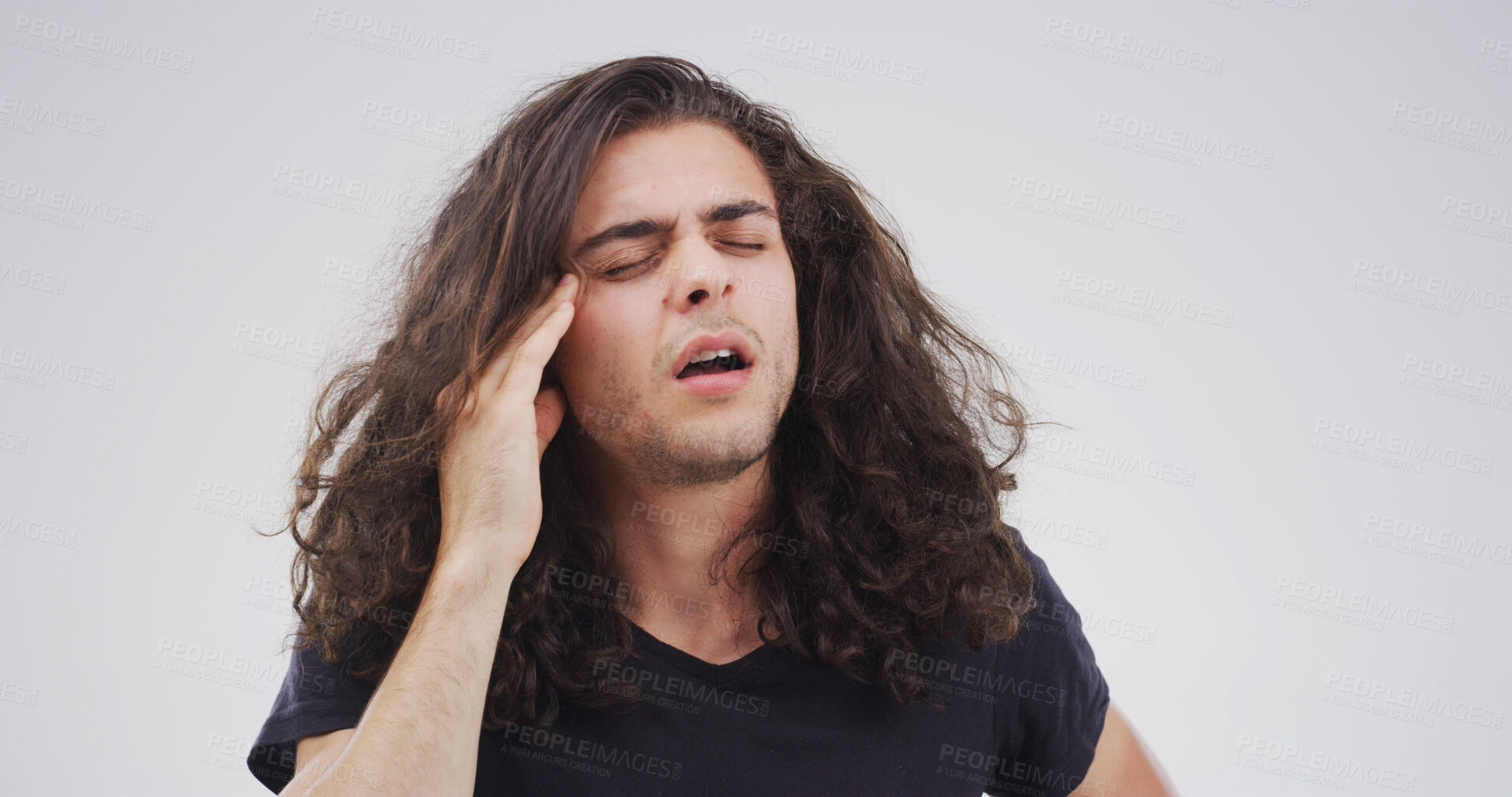 Buy stock photo Stress, hurt or man with headache in studio with pain, burnout space or creative block. Frustrated, loss or upset male designer with migraine on white background with discomfort, dizziness or crisis