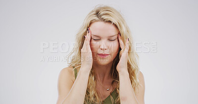 Buy stock photo Headache, pain and woman in studio, stress and frustrated with brain fog on white background. Person, mockup space or migraine with mental health, anxiety or discomfort with burnout or massage temple