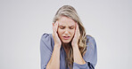 Thinking, employee and woman with headache, stress or overwhelmed with workload, studio and anxiety. White background, publicist and person with migraine, contemplating and frustrated with burnout