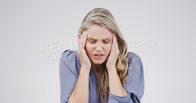 Buy stock photo Thinking, employee and woman with headache, stress or overwhelmed with workload, studio and anxiety. White background, publicist and person with migraine, contemplating and frustrated with burnout