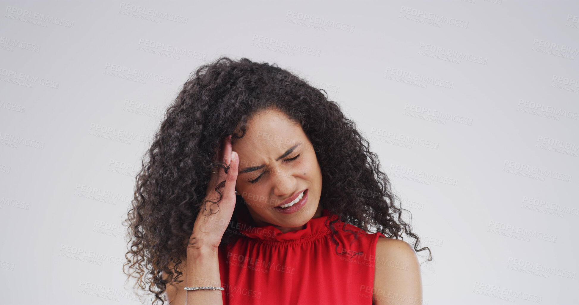 Buy stock photo Pain, headache or woman with stress in studio for financial crisis, anxiety or overwhelmed by debt. Mockup space, person and pressure migraine on white background for bankruptcy, burnout or brain fog