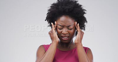 Buy stock photo Headache, pain and black woman in studio, stress and frustrated on white background. African person, mockup space and migraine with mental health, anxiety and discomfort with brain fog and burnout