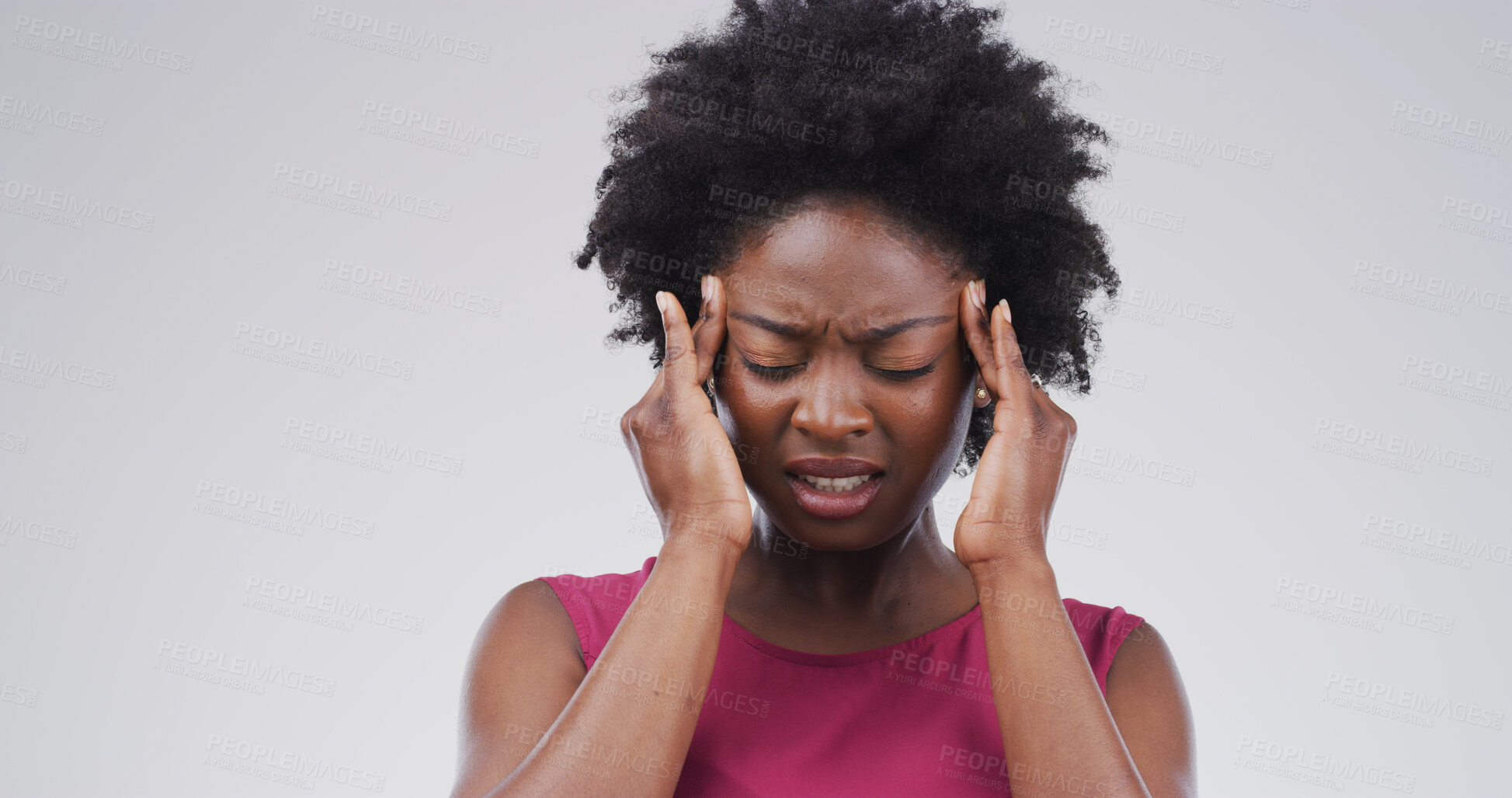 Buy stock photo Headache, pain and black woman in studio, stress and frustrated on white background. African person, mockup space and migraine with mental health, anxiety and discomfort with brain fog and burnout