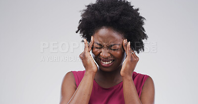 Buy stock photo Headache, frustrated and black woman in studio with pain, pressure and brain fog on white background. Mockup space, health crisis and person massage with burnout, fatigue and stress for migraine