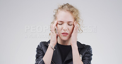 Buy stock photo Student, pain and girl with headache in studio for exam stress, workload burnout and overwhelmed. Mockup, person and tension migraine on white background for university exhaustion and study fatigue