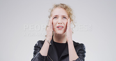 Buy stock photo Headache, pain and face of woman in studio with tension, pressure and brain fog on white background. Mockup space, health crisis and person massage with frustrated, fatigue and stress for migraine
