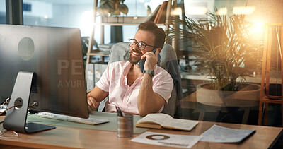 Buy stock photo Phone call, computer and happy businessman in office for virtual meeting, online discussion and communication. Professional, web designer and person on smartphone for conversation, talking and chat