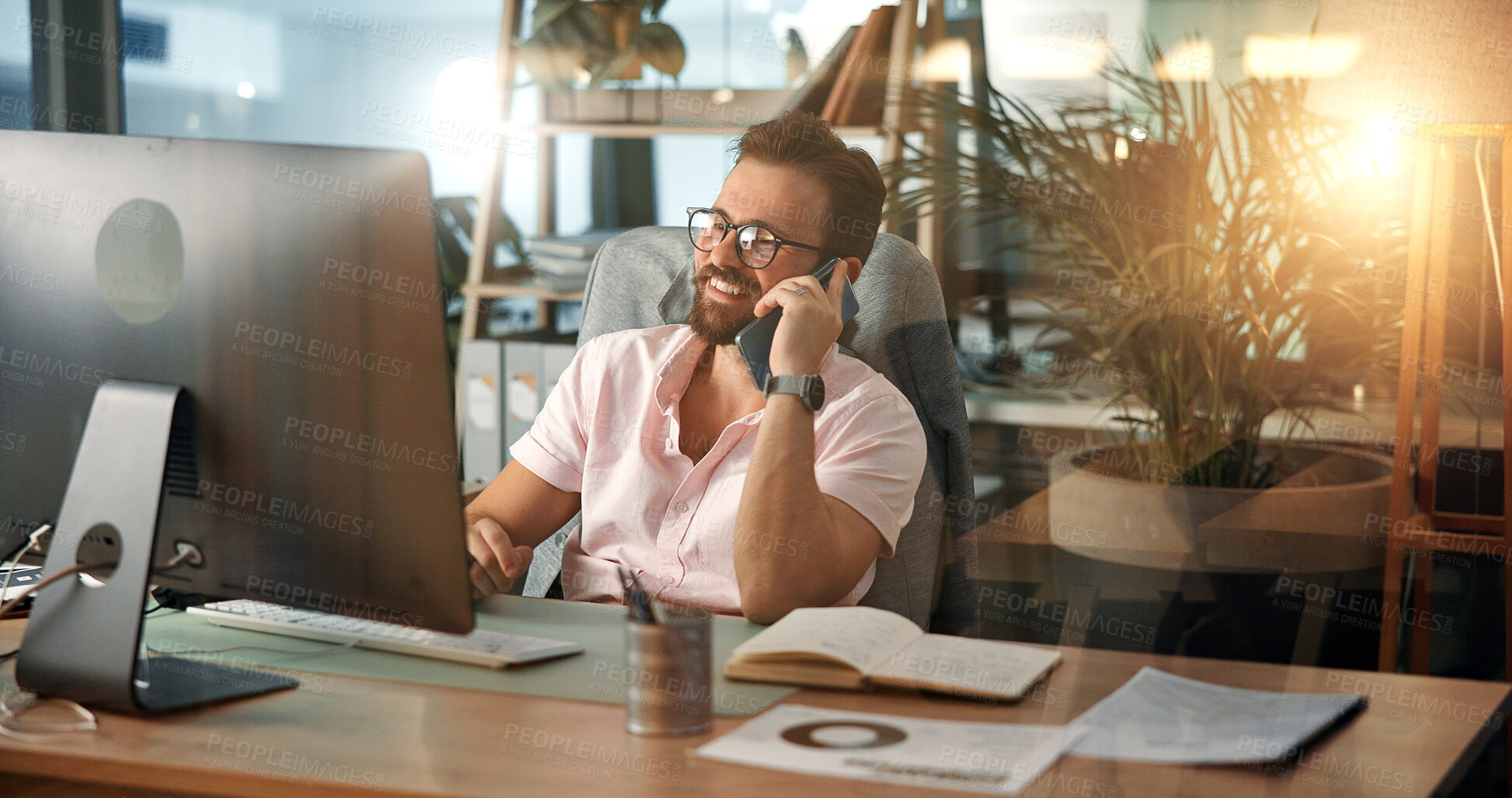 Buy stock photo Phone call, computer and happy businessman in office for virtual meeting, online discussion and communication. Professional, web designer and person on smartphone for conversation, talking and chat