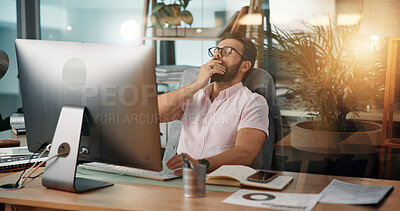 Buy stock photo Computer, tired and yawn with business man at desk for investment or portfolio management. Burnout, fatigue and finance with exhausted stock market broker in workplace for overworked in schedule