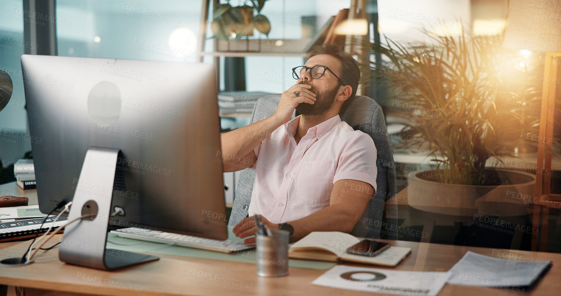 Buy stock photo Computer, tired and yawn with business man at desk for investment or portfolio management. Burnout, fatigue and finance with exhausted stock market broker in workplace for overworked in schedule