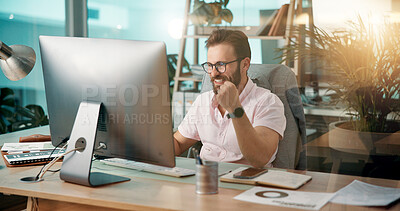 Buy stock photo Computer, fist pump and smile with business man at desk for investment success or portfolio management. Celebration, finance and winner with stock market broker cheering for strategy in workplace