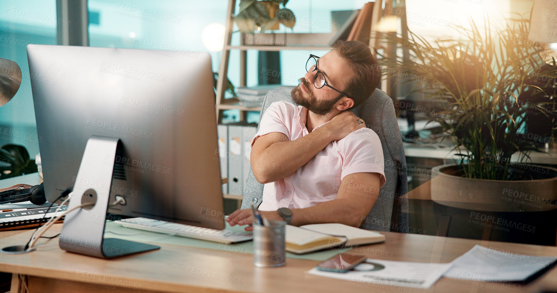 Buy stock photo Businessman, neck pain and computer with injury for bad posture, overworked or stress at office desk. Man, employee or ache with sore joint, shoulder or inflammation for muscle tension at workplace