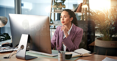 Buy stock photo Research, advisor or woman thinking on computer for financial project, online review or economy website. News, finance consultant and accountant on technology for planning budget, report or business