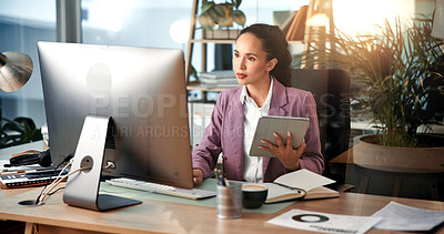 Buy stock photo Reading, computer and business woman on tablet for online project, proposal and website research. Office, financial consultant and person on digital tech for planning budget, report or finance review