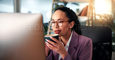 Buy stock photo Woman, business and coffee at computer with glasses, morning routine and reading in office. Journalist, smile or mug in workplace for article review, email feedback or employee thinking at technology