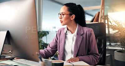 Buy stock photo Research, notebook or woman on computer in office for online project, review or economy website. Night, financial consultant and accountant on digital tech for planning budget, report or business