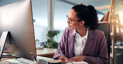 Buy stock photo Computer, notebook and planning with business woman at desk for investment or portfolio management. Agenda, finance and writing with stock market broker in workplace for strategy development