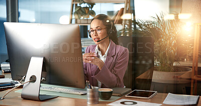 Buy stock photo Business woman, computer and consultant with headset for communication, online advice or help at office. Female person, agent or employee talking with mic on technology for virtual assistance or CRM