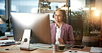 Business woman, computer and agent with headset for communication, online advice or help at office. Female person, consultant or employee talking with mic on technology for virtual assistance or CRM