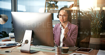 Buy stock photo Business woman, consultant or talking with headset for communication, online advice or help at office. Female person, agent or employee consulting with mic on technology for virtual assistance or CRM