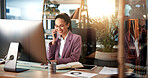 Phone call, computer and business woman in office for virtual meeting, online discussion and communication. Professional, corporate and person on smartphone for conversation, talking and networking
