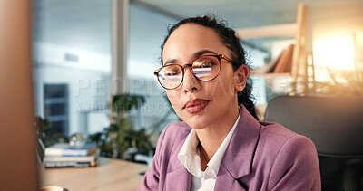 Buy stock photo Computer, glasses and information with business woman at desk for investment or portfolio management. Agenda, finance and reading with broker in workplace for stock market strategy or trading