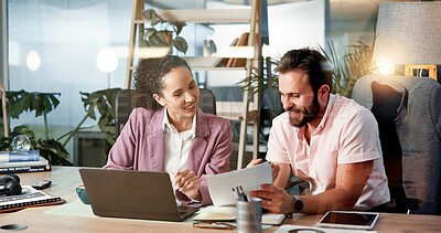 Buy stock photo Meeting, tablet and business people in office for discussion, planning and collaboration for project. Professional, laptop and man and woman on digital tech for online report, research and website