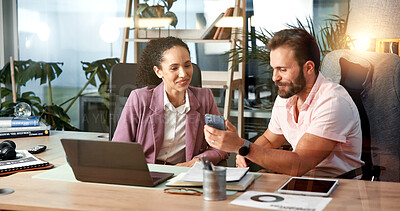 Buy stock photo Collaboration, laptop and phone with business people in office for investment or portfolio management. Agenda, communication and computer with finance team in workplace for stock market trading