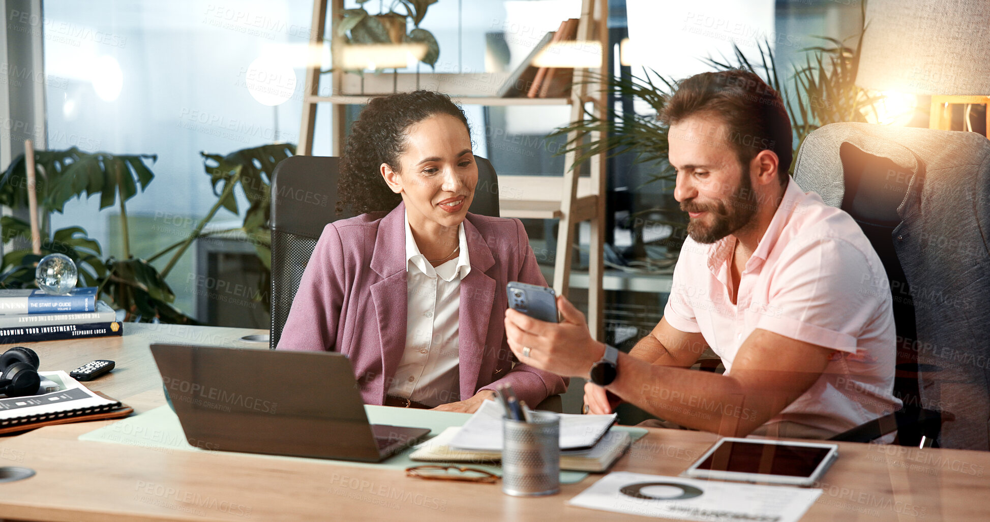 Buy stock photo Collaboration, laptop and phone with business people in office for investment or portfolio management. Agenda, communication and computer with finance team in workplace for stock market trading