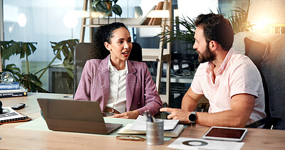Buy stock photo Meeting, laptop and business people in office for discussion, planning and collaboration for project. Professional, talking and man and woman with documents for online report, research and website