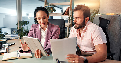 Buy stock photo Collaboration, documents and tablet with business people at desk in office for investment or portfolio management. Agenda, finance and notes with stock market team at work for strategy or trading