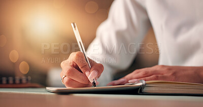 Buy stock photo Writing, book and hands of businesswoman in office at night with schedule, appointment or planning. Proposal, research and closeup of female secretary with notes for agenda, journal or diary.