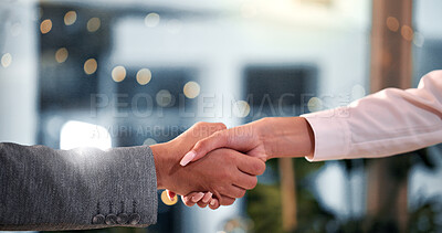 Buy stock photo Business people, handshake and partnership with agreement, closeup and negotiation for investment. Employees, investor and consultant with cooperation, shaking hands and B2B deal with opportunity