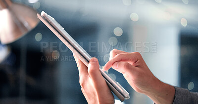 Buy stock photo Hands, business and man with tablet, night and typing with email for banking update. Closeup, person and financial advisor in office, late or fintech with app for economy news and stock market report