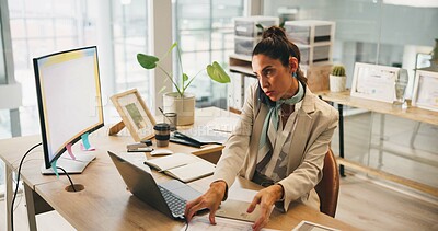 Buy stock photo Business, phone call and woman in office, computer and communication for magazine layout. Pc, employee and journalist in workplace, cellphone or conversation with schedule for article and feedback