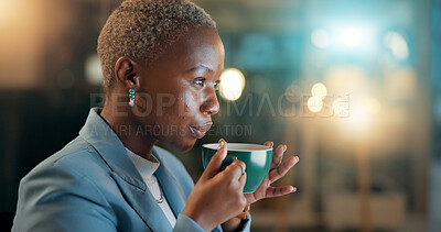 Buy stock photo Black woman, thinking and night with coffee for project deadline, overtime or workaholic at office. Female person, employee or financial analyst working late with caffeine or drink at workplace