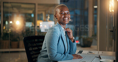 Buy stock photo Portrait, black woman and business at night with computer for accounting, audit or tax review. African person, accountant or employee smile for financial solution, evaluation report or compliance