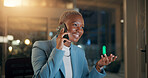 Business, black woman and phone call in office at night for discussion, finance planning and schedule update. Female person, mobile and communication for contact, financial feedback and funding offer