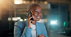 Smile, black woman and phone call in office at night for discussion, finance chat and schedule update. Female person, mobile and communication with contact, financial feedback and funding negotiation
