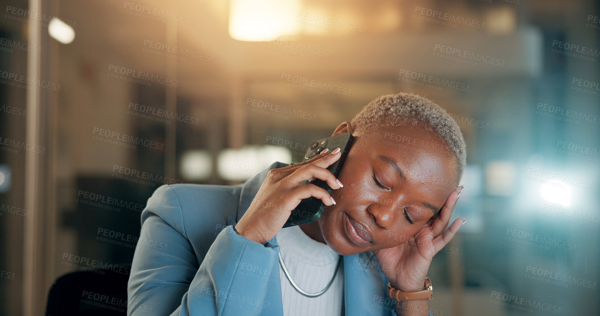 Buy stock photo Phone call, business and black woman at night with stress for contact with issue, mistake and problem. Burnout, working late and tired person on smartphone for discussion, chat and communication