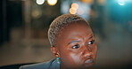 Business, black woman and thinking in office at night with publication deadline, story inspiration or article planning. Bokeh, journalist or overtime for creative process, source verification or blog