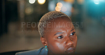 Buy stock photo Business, black woman and thinking in office at night with publication deadline, story inspiration or article planning. Bokeh, journalist or overtime for creative process, source verification or blog