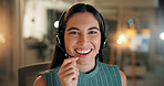 Call center, portrait and woman laugh with headset for customer service, IT advisor and troubleshooting. Smile, consultant and communication for technical support, help desk and overtime at night