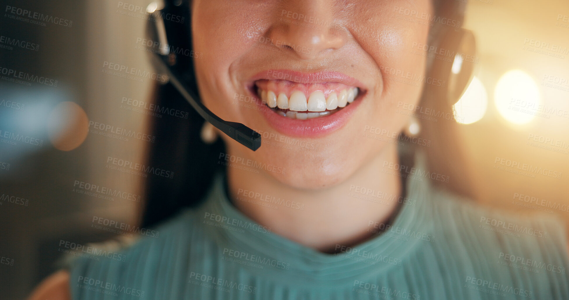 Buy stock photo Mouth, call center and happy business woman with customer service, IT advice or troubleshooting. Headset, smile or agent with lips for communication, tech support or help on overtime at night closeup
