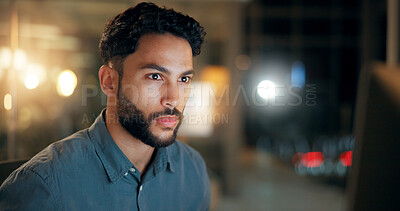 Buy stock photo Reading, businessman and working late at night with computer for trading, investment or deadline. Indian person, trader or employee for stock market research, finance or serious at workplace