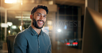 Buy stock photo Portrait, man and computer with smile for coding, programing and software engineer system update. Night, tech and happy person for project management deadline, overtime and development feedback