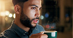 Businessman, thinking and night with coffee for project deadline, overtime or workaholic at office. Man, employee or financial analyst working late with caffeine drink, beverage or tasks at workplace