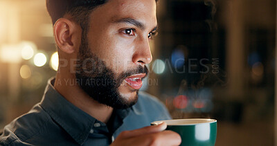 Buy stock photo Businessman, thinking and night with coffee for project deadline, overtime or workaholic at office. Man, employee or financial analyst working late with caffeine drink, beverage or tasks at workplace